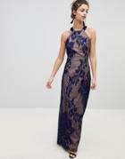 Little Mistress Halter Neck Maxi Dress With Baroque Lace Overlay - Blue
