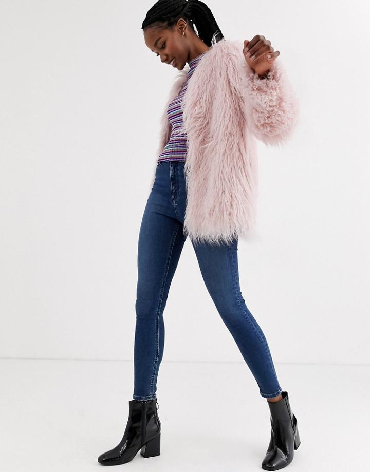 Asos Design Mongolian Faux Fur Coat In Pink