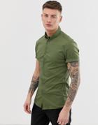 River Island Muscle Fit Poplin Shirt In Khaki-green