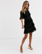 Little Mistress Lace Frill Mini Dress With Laddering Insert In Black