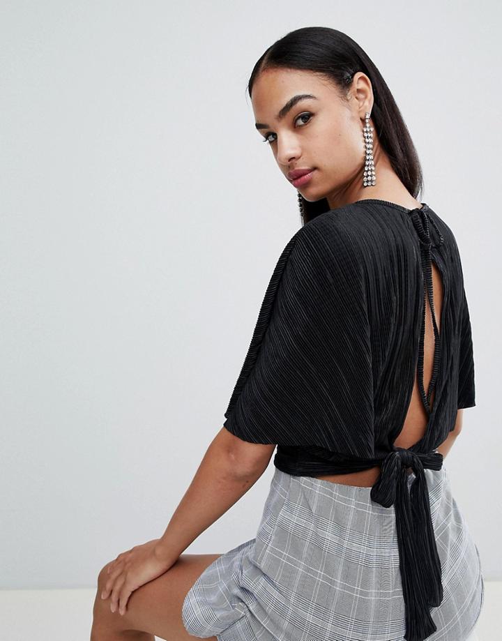 Prettylittlething Pleated Open Back Top - Black