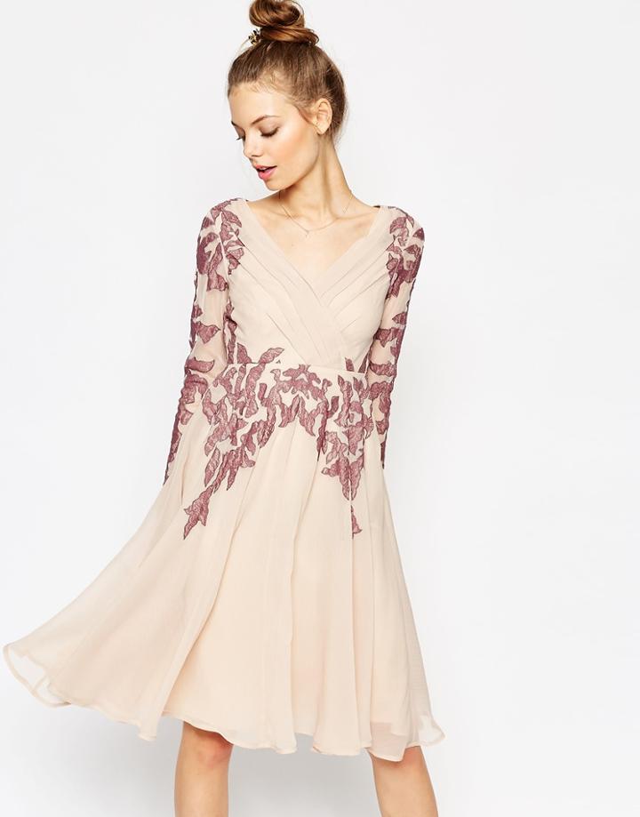 Asos Lace Placed Caftan Skater Midi Dress - Cream