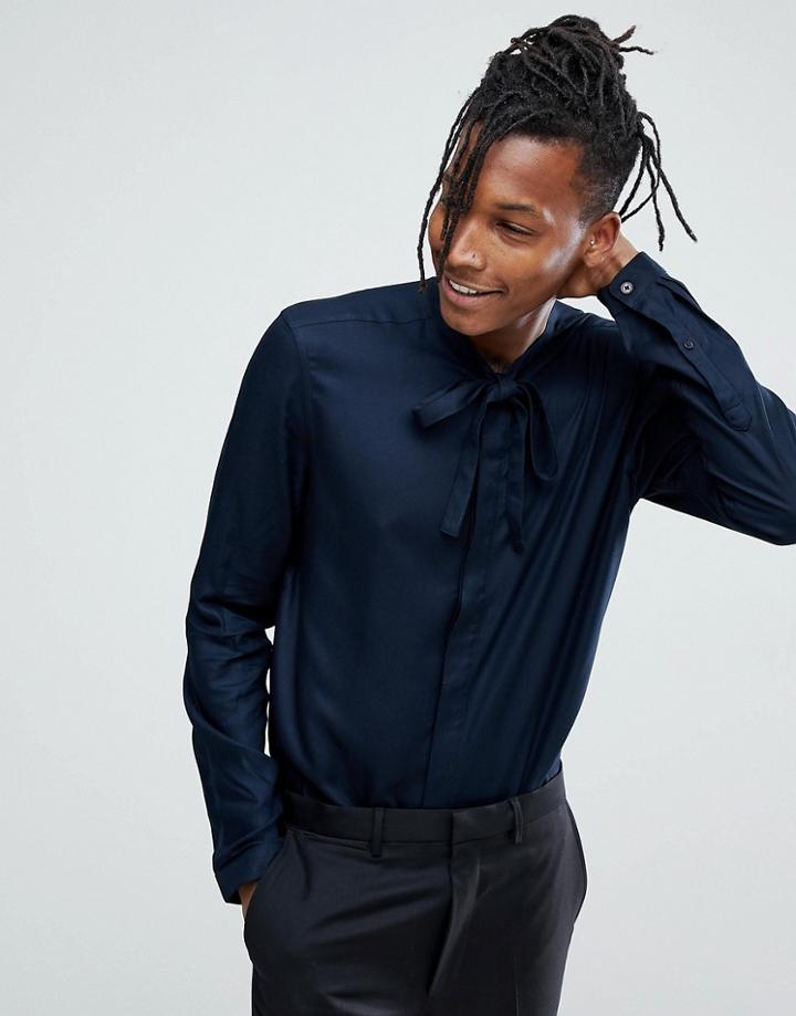 Asos Regular Fit Longline Shirt With Pussy Bow In Navy - Green