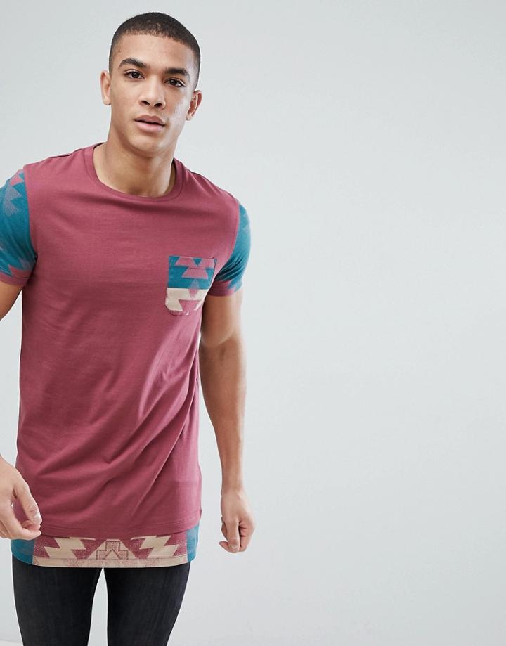 Asos Design T-shirt With Geo-tribal Printed Sleeves & Pocket & Hem Extender - Red