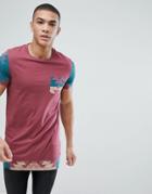 Asos Design T-shirt With Geo-tribal Printed Sleeves & Pocket & Hem Extender - Red