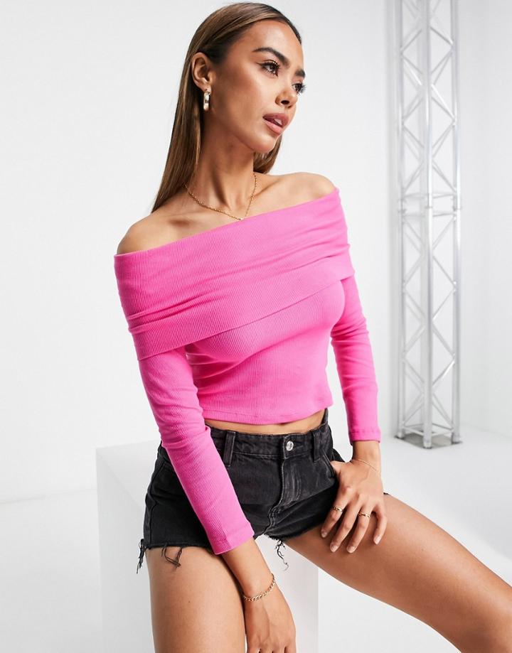 Glamorous Off Shoulder Rib Top In Hot Pink