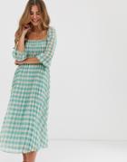 Asos Design Shirred Pleated Midi Dress In Gingham Print - Multi