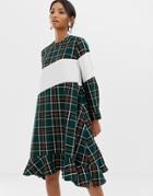 Ghospell Oversized Smock Dress With Contrast Stripe In Check - Green