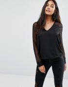 Supertrash Bouchra Sheer Sleeve Deep V Blouse - Black