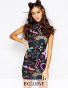 Jaded London Off High Neck Body-conscious Dress In Neon Print - Black