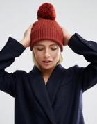 Asos Knitted Pom Beanie In Mixed Knit - Brown