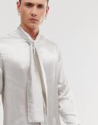 Asos Design Regular Fit Satin Shirt With Pussy Bow In Off White Satin - White