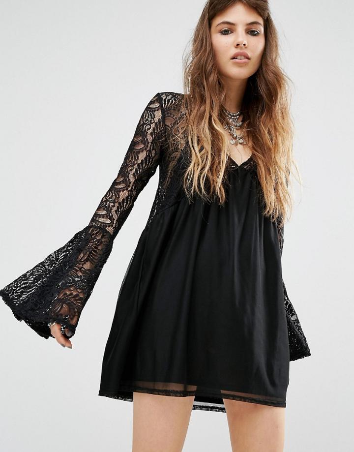 Rokoko Lace Insert Smock Dress - Black