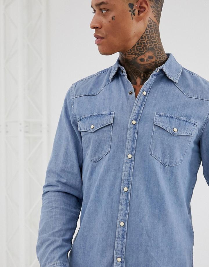Pull & Bear Denim Western Shirt In Light Blue - Blue