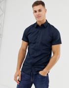 Jack & Jones Stretch Cotton Short Sleeve Shirt In Navy