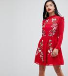 Asos Petite Pretty Embroidered Mini Dress On Dobby - Red