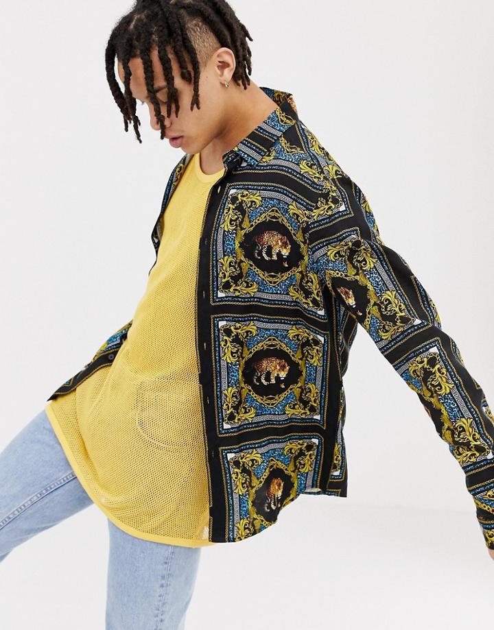 Asos Design Regular Fit Baroque Leopard Print Placement Print Shirt. - Blue