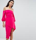 Asos Tall Bardot Midi Dress With Tiered Wrap Skirt - Pink