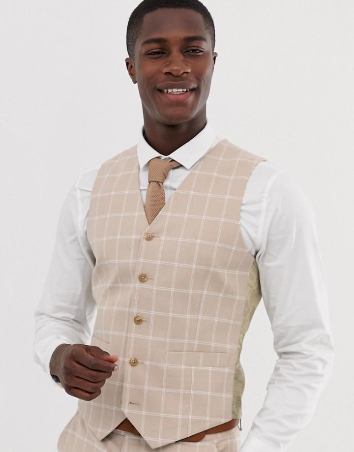 Asos Design Wedding Skinny Suit Vest In Camel Linen Windowpane Check-beige