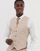 Asos Design Wedding Skinny Suit Vest In Camel Linen Windowpane Check-beige