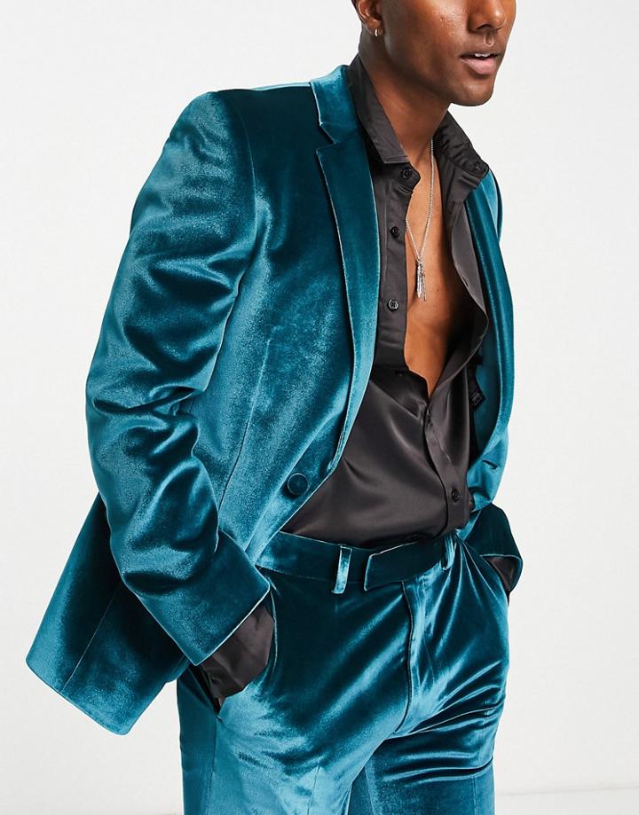 Asos Slim Longline Suit Jacket In Dark Teal Velvet-green