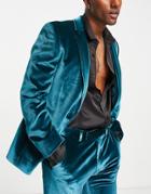 Asos Slim Longline Suit Jacket In Dark Teal Velvet-green