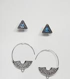 Asos Design Pack Of 2 Triangle Stone Stud And Engraved Pull Through Earrings - Silver