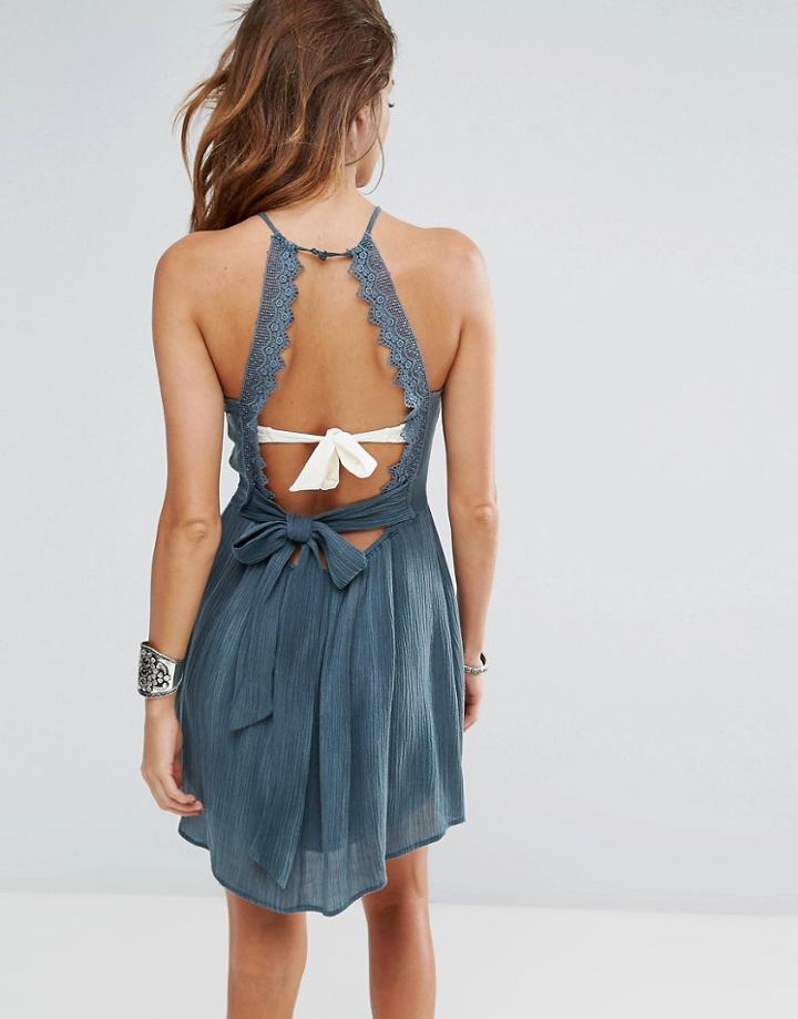 Surf Gypsy Crochet Detail Tie Back Beach Dress - Blue