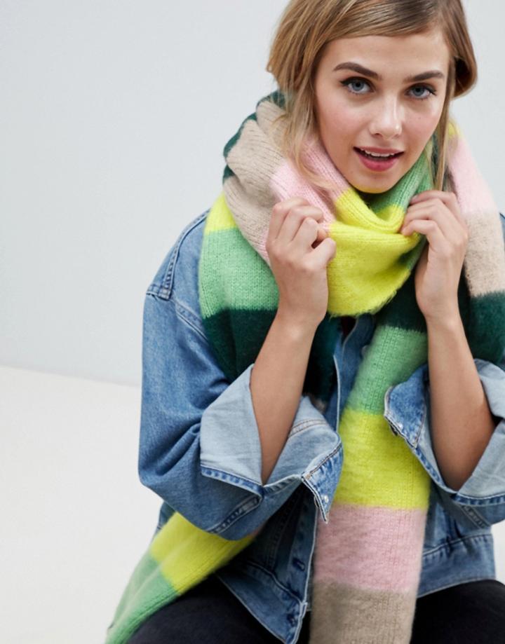 Asos Design Oversized Brushed Scarf In Stripe With Tassels-multi