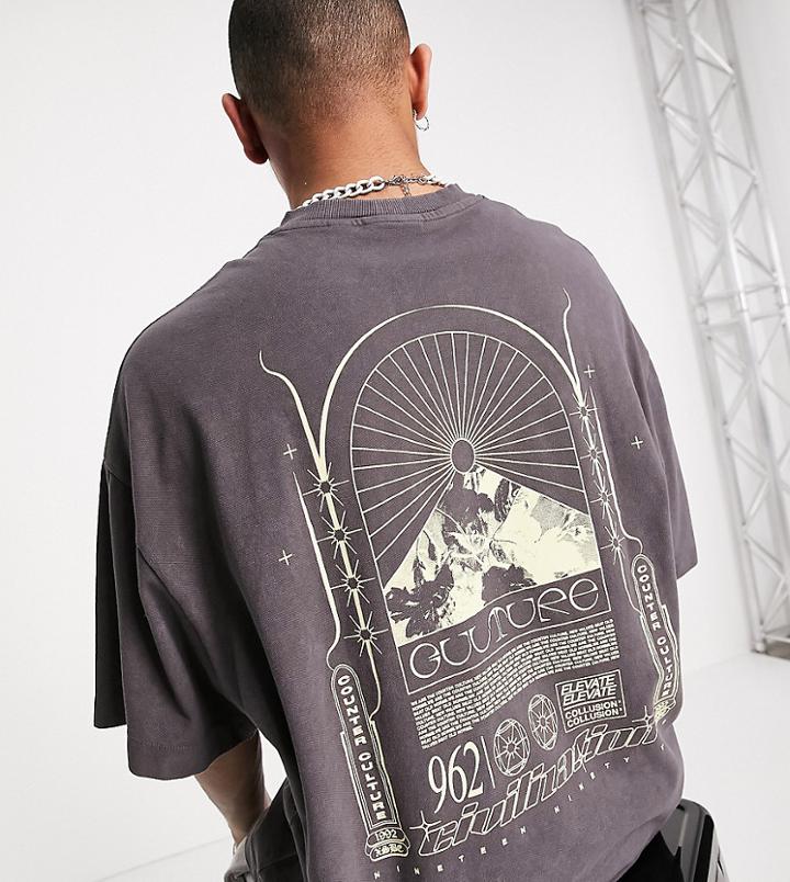Collusion Oversized T-shirt With Print In Acid Wash Pique In Charcoal-grey