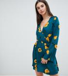 Influence Tall Flared Sleeve Wrap Floral Print Dress - Green