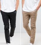 Asos 2 Pack Slim Chinos In Black & Stone Save