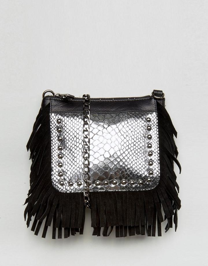 Urbancode Real Leather Fringed Cross Body Bag With Silver Emobossed Croc - Black