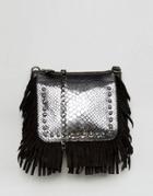Urbancode Real Leather Fringed Cross Body Bag With Silver Emobossed Croc - Black