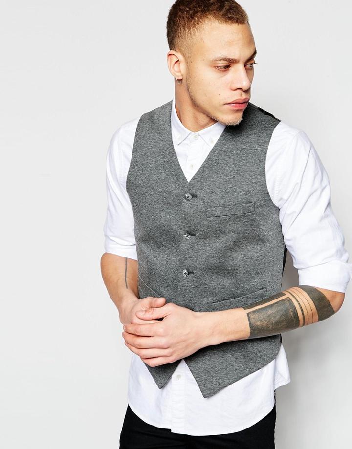 Asos Slim Waistcoat In Jersey In Grey - Charcoal