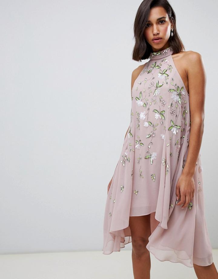 Asos Design Floral Embellished Swing Dress - Pink
