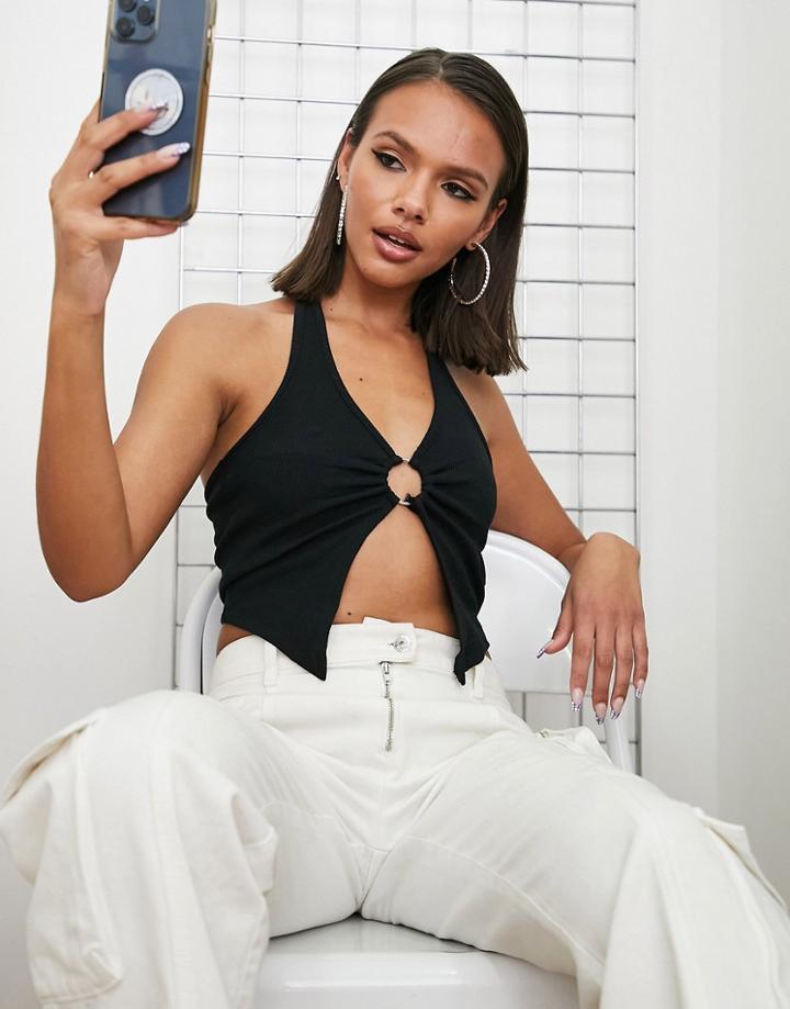 Trendyol Halterneck Crop Top With Ring Detail In Black