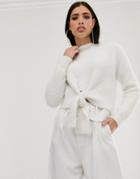 Parallel Lines Fluffy Soft Touch Sweater With Tie Front In White