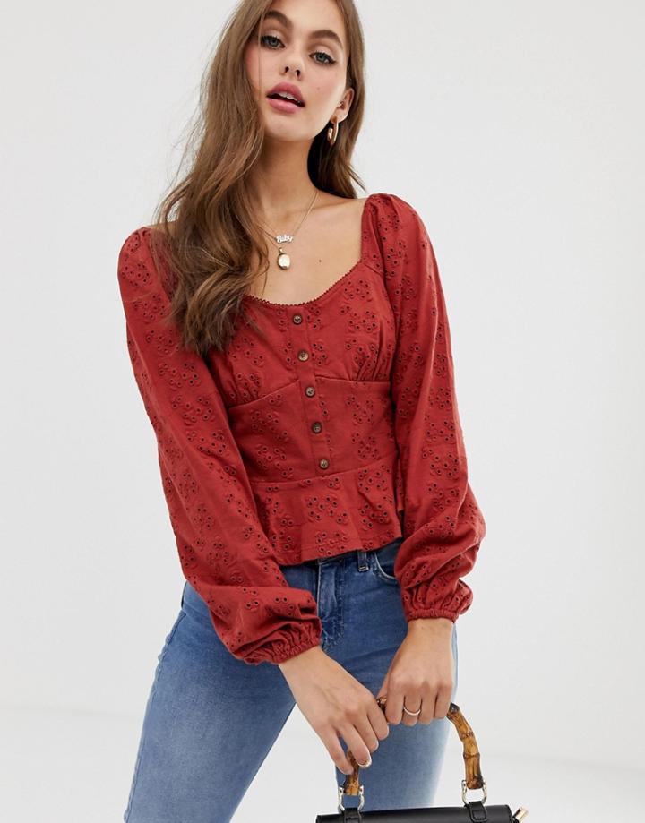 Asos Design Top In Broderie With Button Front And Peplum-brown