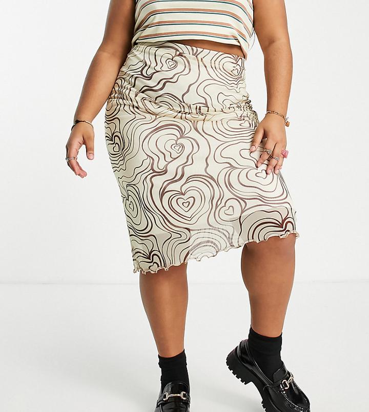 Daisy Street Plus Y2k Mesh Midi Skirt In Cream Wavy Heart Print-white