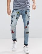 Asos Extreme Super Skinny Jeans In Smokey Blue With Patches - Blue