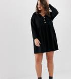 Asos Design Curve Faux Horn Button V Neck Mini Smock Dress-black