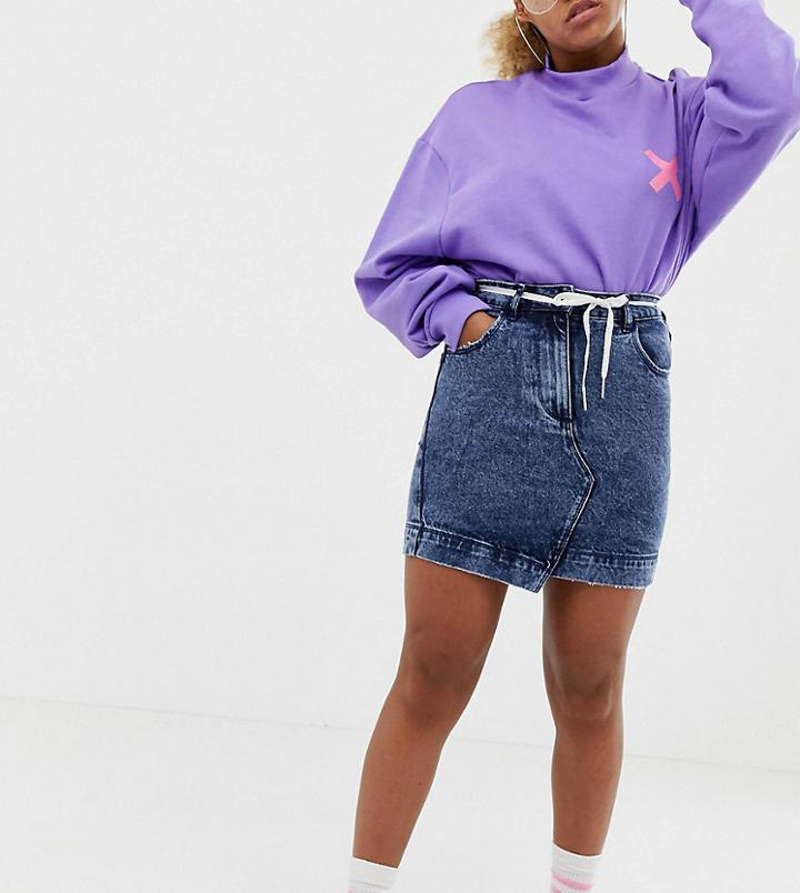 Collusion Petite Denim Mini Skirt In Mid Snow Wash-blue