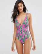 Asos Fuller Bust Hot Tropic Print Plunge V Swimsuit Dd-g - Multi