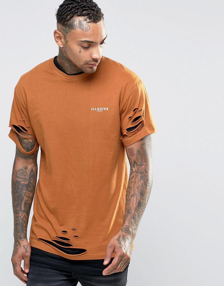 Illusive London Double Layered Long Line T-shirt With Rips - Yellow