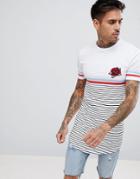 Asos Design Muscle Super Longline Stripe T-shirt With Highlight Stripe And Curved Hem - White