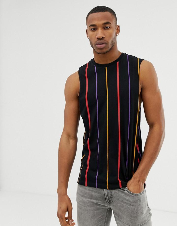 Asos Design Organic Cotton Sleeveless T-shirt With Dropped Armhole In Vertical Stripe - Black