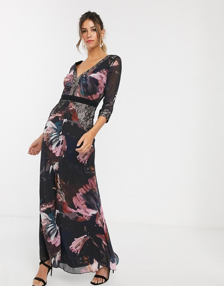 Little Mistress Long Sleeve V Neck Maxi Dress-multi