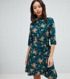 Influence Tall High Neck Floral Dress With Wrap Front And Ruffle Detail - Green