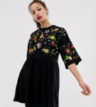 Asos Design Tall Embroidered Smock Dress - Black